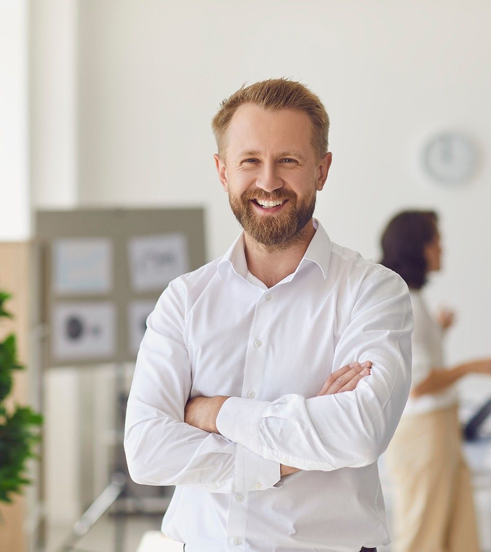 Smiling man holding hand